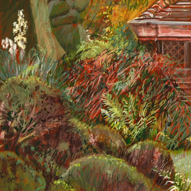 Side view from Great Dixter porch - digital drawing