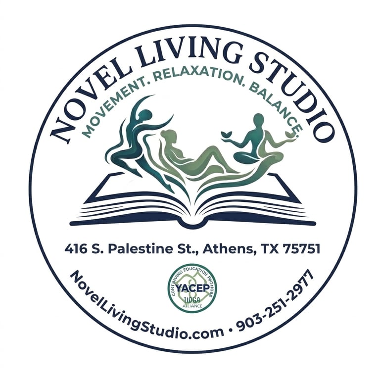 Novel Living Studio logo featuring yoga silhouettes over an open book for movement and relaxation in Athens, TX.