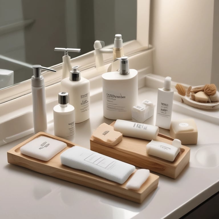 A beautifully arranged hotel amenities display