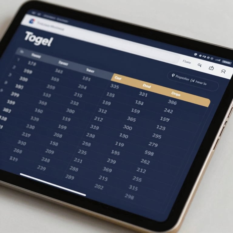 A digital interface showing professional Togel charts on a sleek tablet with deep navy and gold accents.