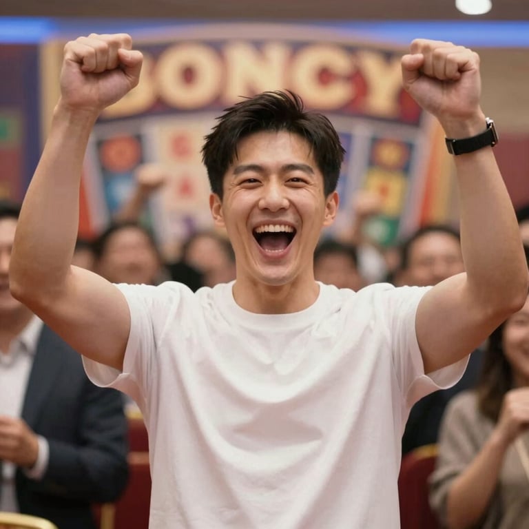 A blurred, high-end lifestyle shot of a winner celebrating, conveying the thrill of the jackpot.