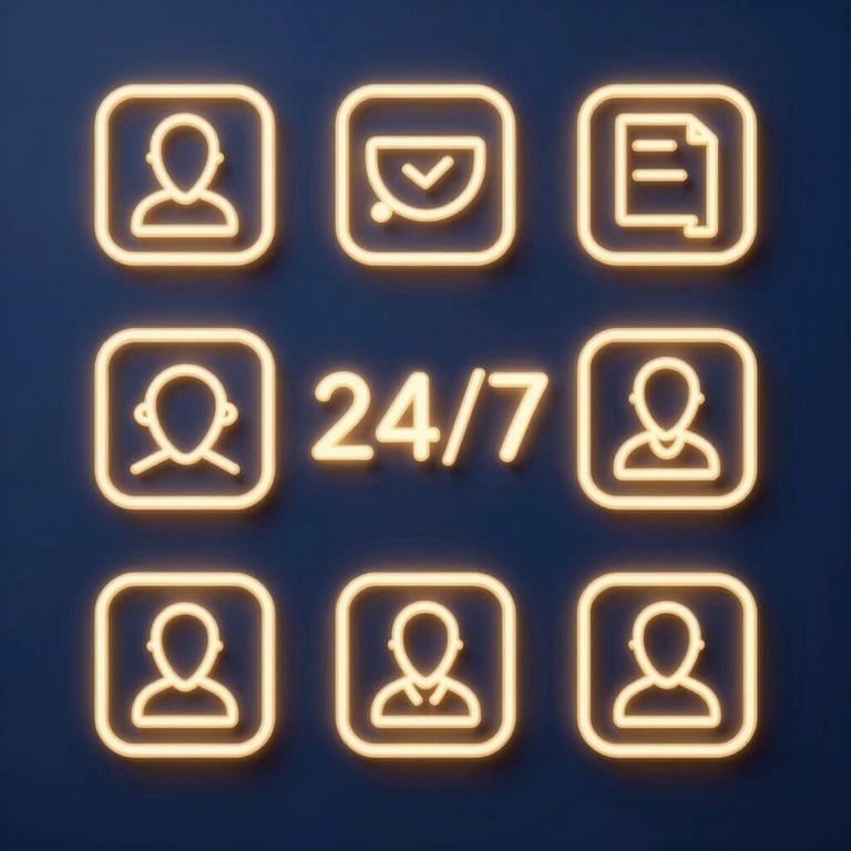 Modern neon icons for 24/7 service glowing in gold against a deep blue background.