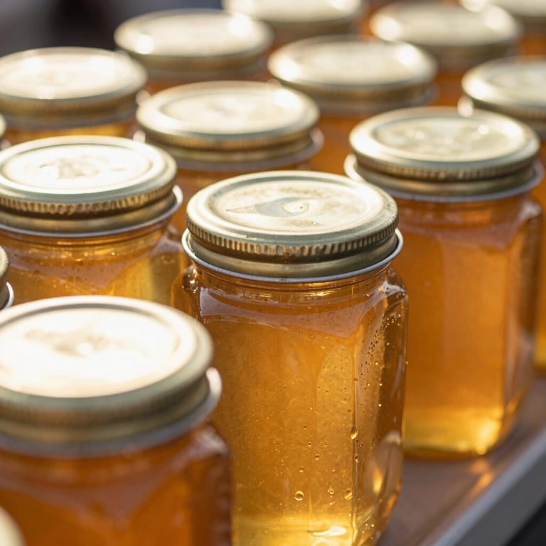 Detailed shot of fresh honey jars with golden nectar, reflecting the afternoon sun in an outdoor market setting.