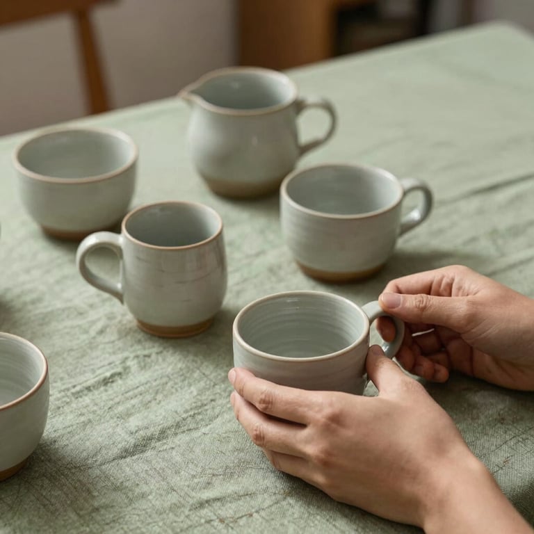A local artisan's hands displaying handmade ceramic mugs on a sage green linen tablecloth.