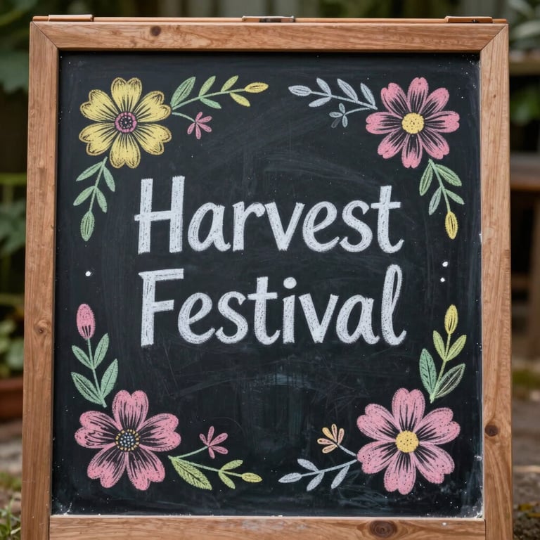 A chalkboard sign decorated with illustrated flowers announcing the next Harvest Festival event.