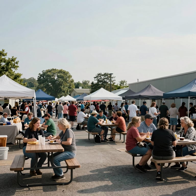 A wide-angle view of the bustling Uhrichsville market with community members gathered around picnic tables in a friendly atmosphere.