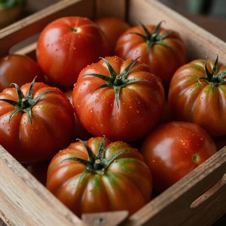 A close-up of vibrant heirloom tomatoes in a rustic wooden crate, natural soft lighting, highlighting deep reds and earthy greens.