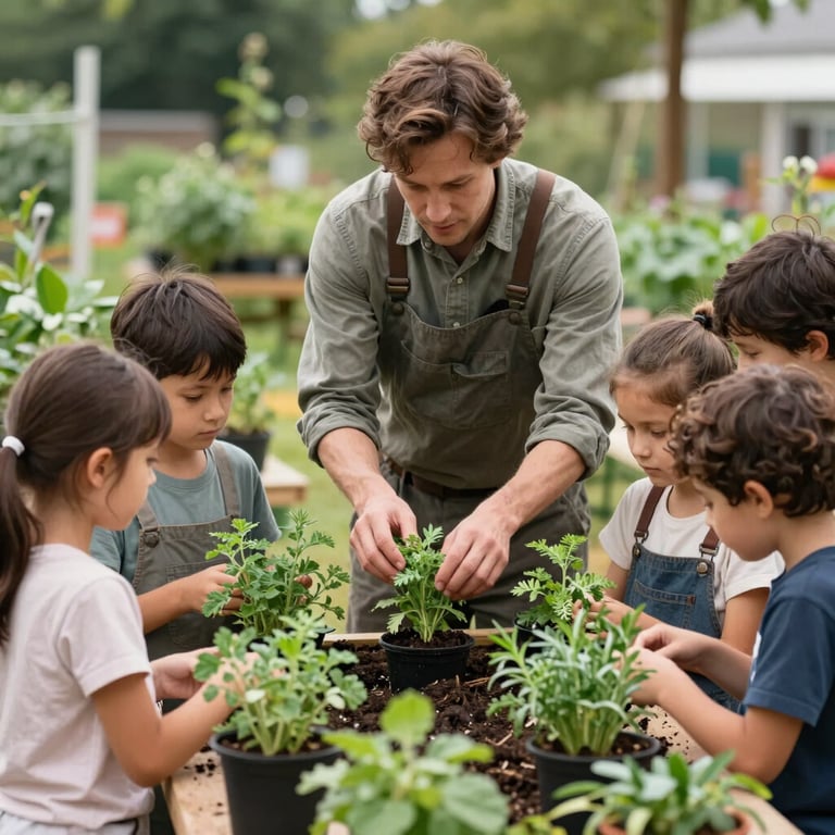 An outdoor educational workshop where a grower is showing a group of families how to plant seasonal herbs.
