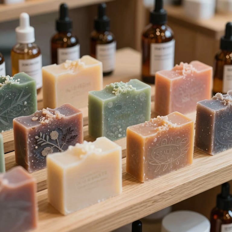 A collection of colorful handmade soaps and natural apothecary items arranged on a light wood display.