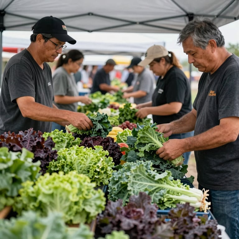 Midwestern community members browsing a colorful stand of fresh kale and lettuce under a white canopy.