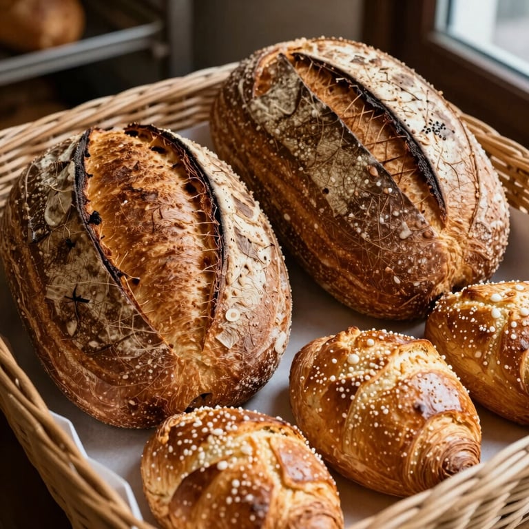 A basket of freshly baked artisanal sourdough bread and golden pastries from a local Uhrichsville bakery.