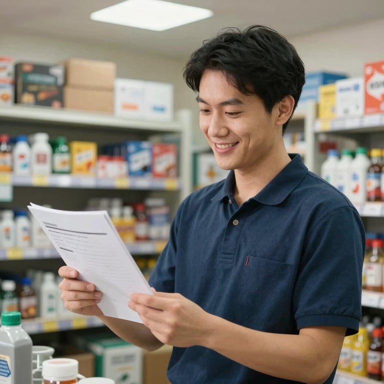 Happy business owner in a commercial shop looking at a much lower electricity bill with a smile.