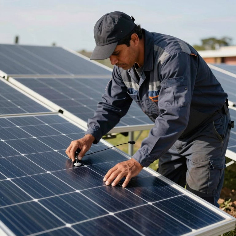 A South American / Brazilian technician in a professional uniform installing solar panels on a bright day.