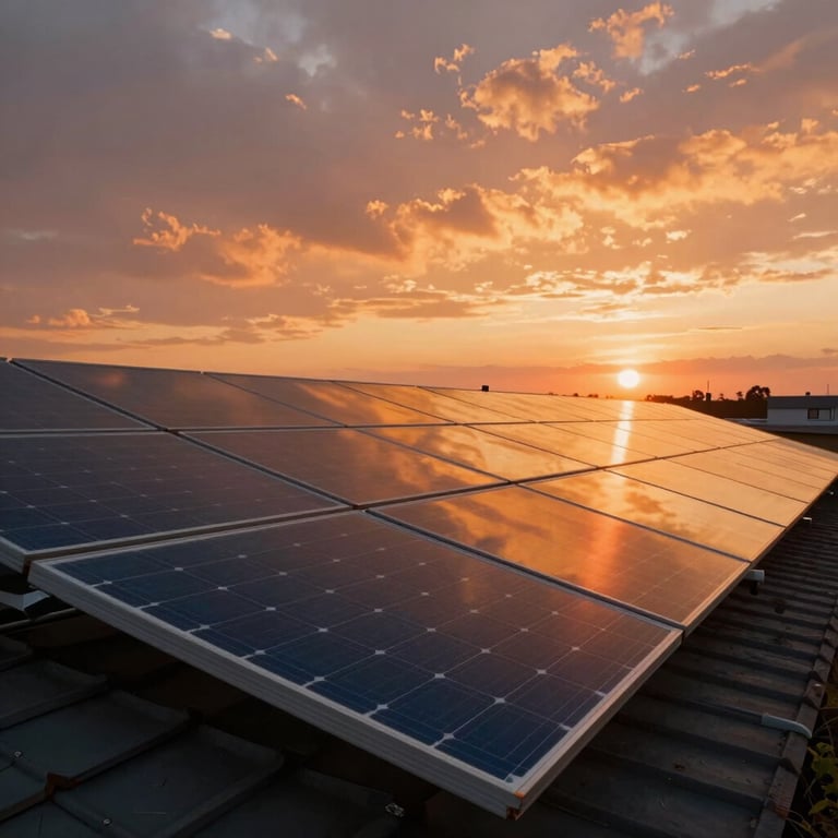 Cinematic sunset view of solar panels on a roof, reflecting orange and golden hues of light.
