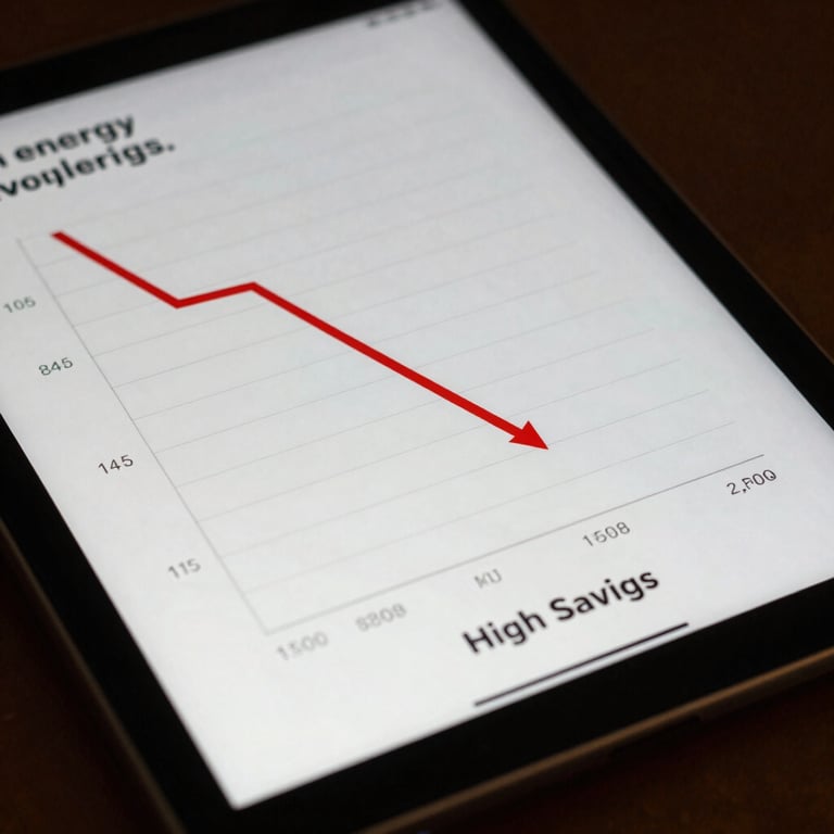 A close-up of a digital tablet showing a graph of dropping energy costs and high savings.