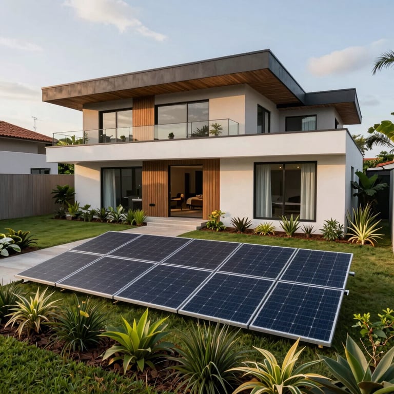 Wide shot of a modern, eco-friendly Brazilian residence with solar panels and lush garden.