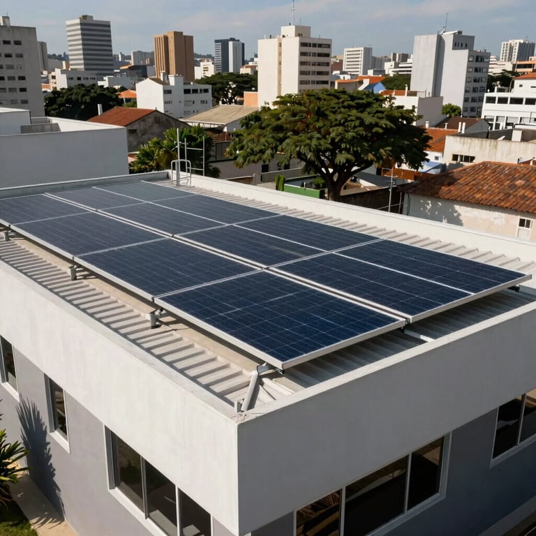 Sleek solar panel installation on the roof of a modern small business in a Brazilian city.