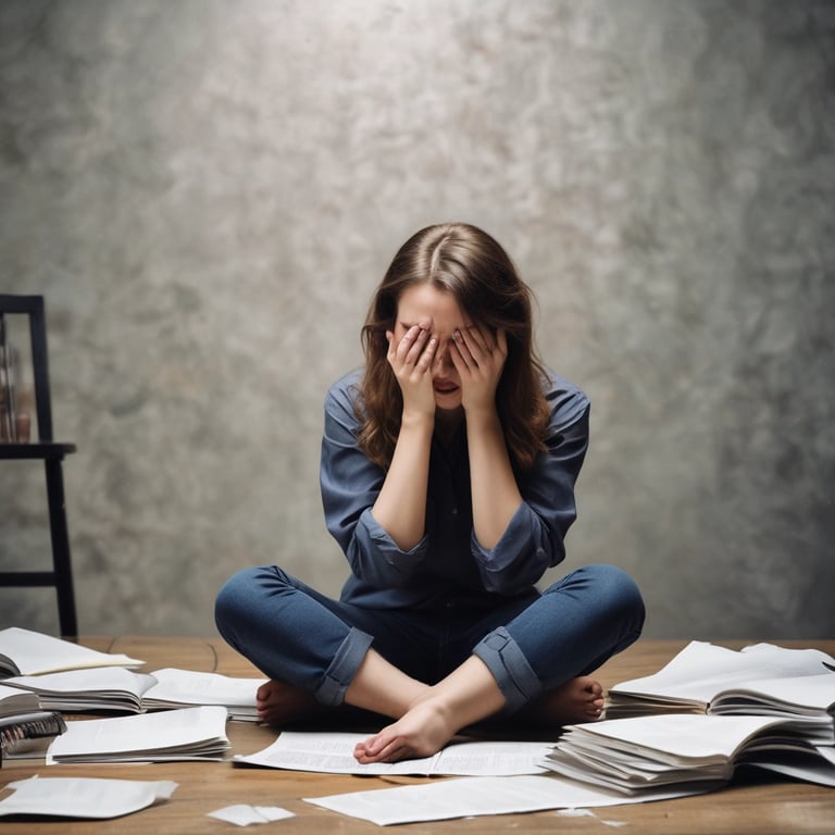 a woman sitting on a table with papers and papers