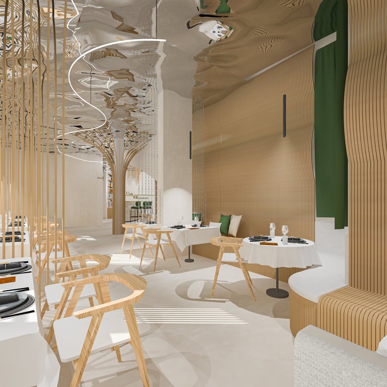 a restaurant with a wooden table and chairs