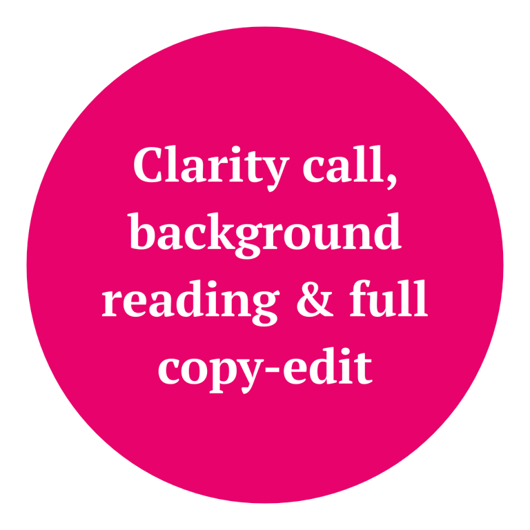 Text in circle: Clarity call, background reading and full copy-edit