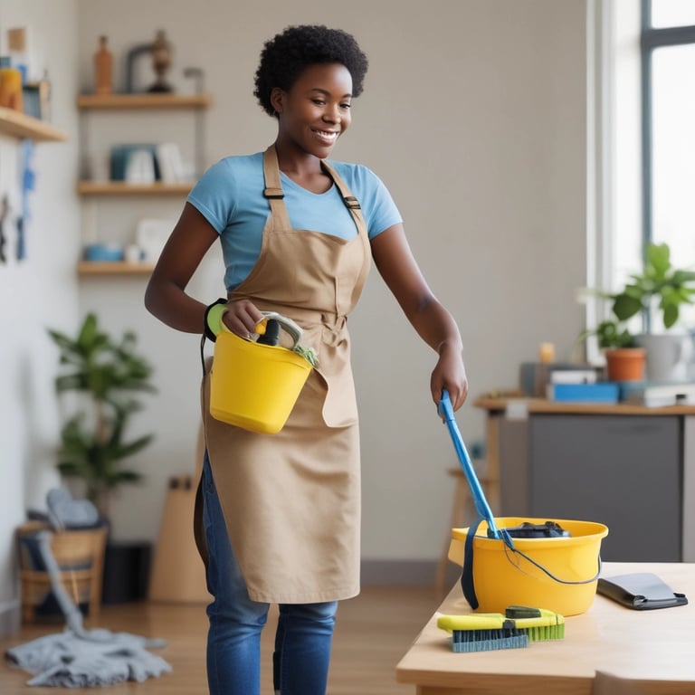 Photo of a smiling cleaner in uniform holding cleaning supplies.