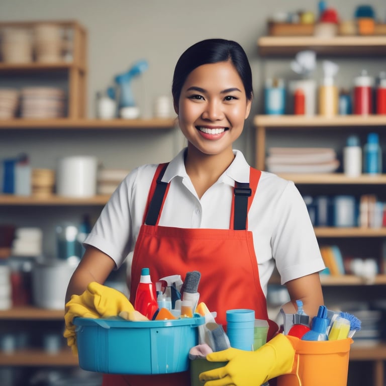 Image of a professional cleaner arranging cleaning tools with a warm smile.