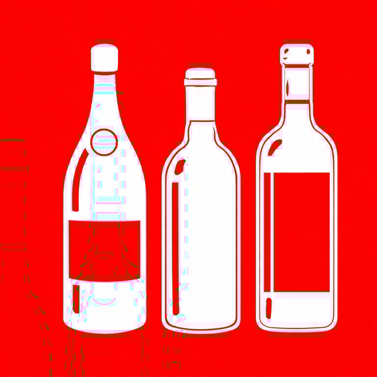 Three white wine and liquor bottle silhouettes displayed on a vibrant red background.