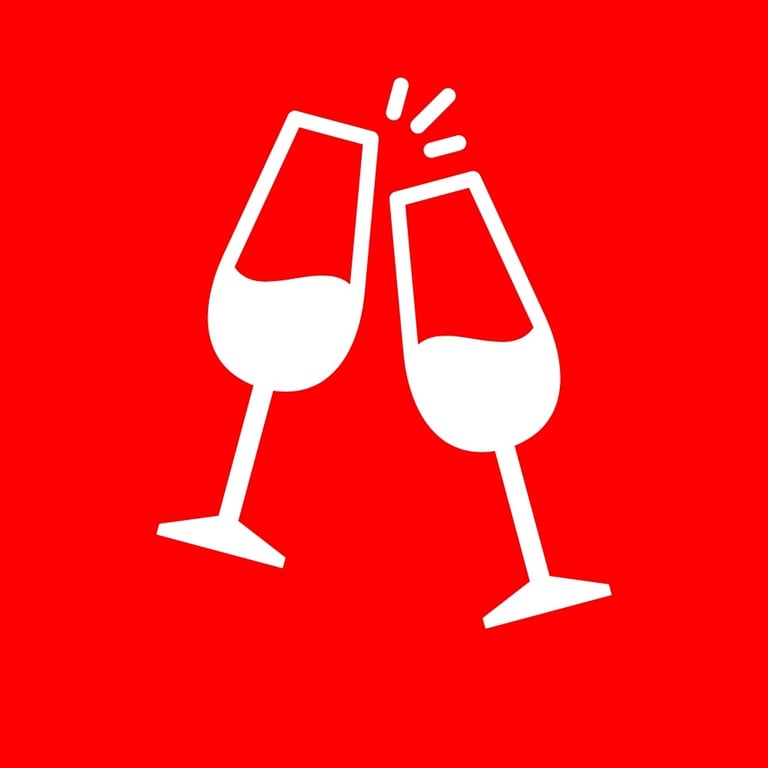 Two white wine glasses clinking together on a solid red background, symbolizing celebrations & drink