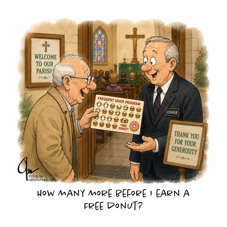 Cartoon of a generous, old parishioner hoping to earn a free donut