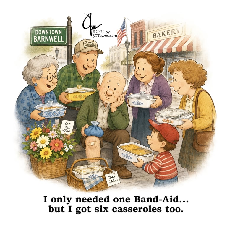 Cartoon of old man in small town with bandaid on knee and lots of healing casseroles too