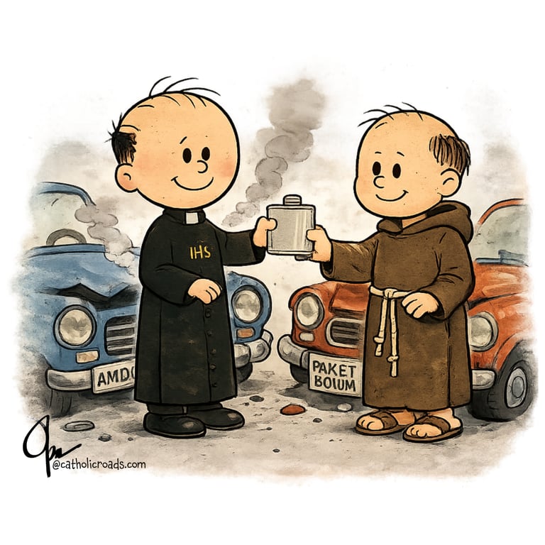 Cartoon of two priests at the scene of a carwreck