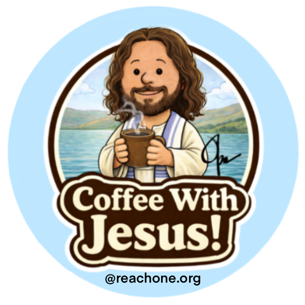 Cartoon logo of Jesus sipping coffee beside the Sea of Galilee inviting us to have Coffee With Jesus