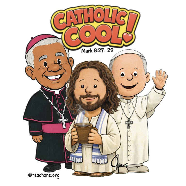 Cartoon caricatures of Bishop, Jesus, and Pope celebrating Catholic in the Carolinas!