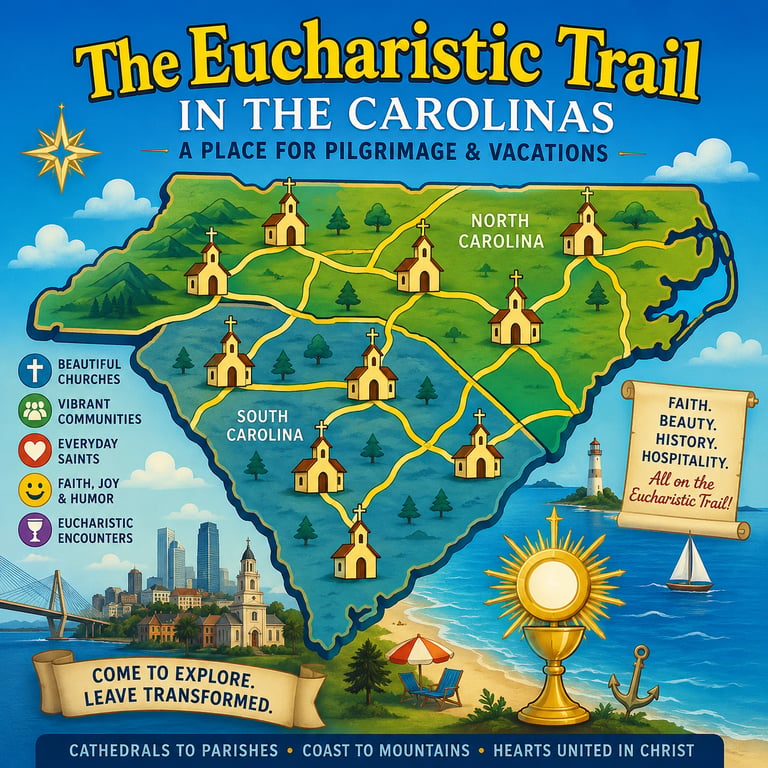 A cartoon style map of the Carolinas where the Catholic Roads team often goes on short pilgrimages.