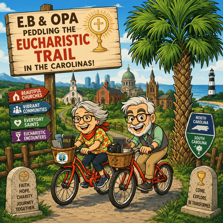 Full color cartoon of two old people peddling in the Carolinas.