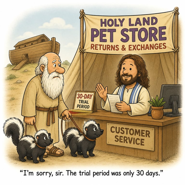 A Bible cartoon humorously reminding us that it was not easy for Noah to save all the animals .