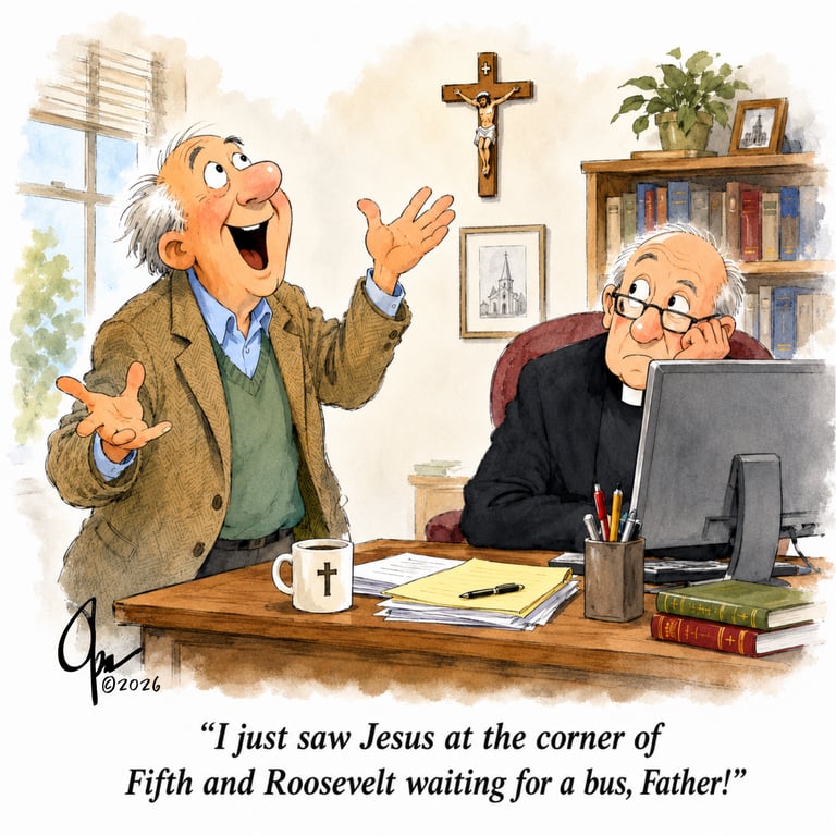 Cartoon of old parishioner telling his unexcited priest that he just saw Jesus downtown