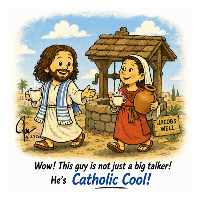A cartoon of Jesus with the Samaritan woman at Jacob’s well—she noticed Jesus!