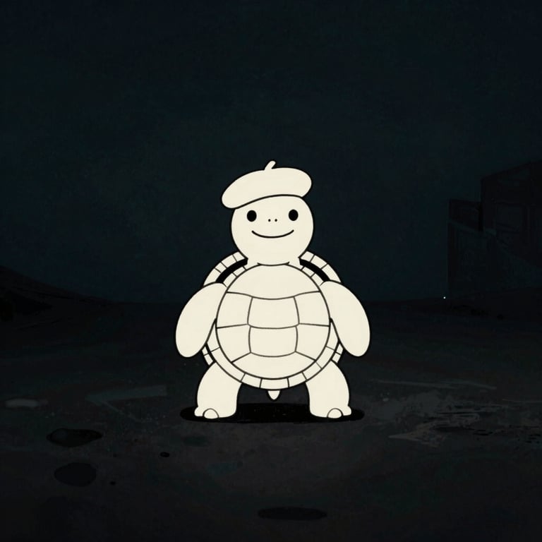 Minimalist hand-drawn ink illustration of a quirky, smiling cartoon turtle wearing a director's beret, clean white lines on deep charcoal background, negative space, cinematic feel.