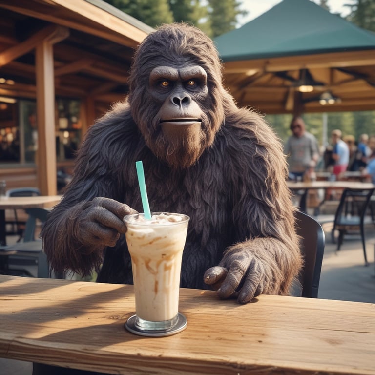 a gorilla gorilla sitting at a table with a drink