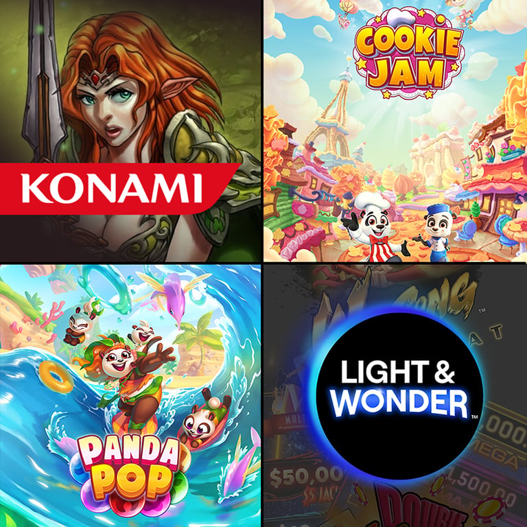 A grid featuring Konami, Cookie Jam, Panda Pop, and Light & Wonder mobile game graphics and logos.