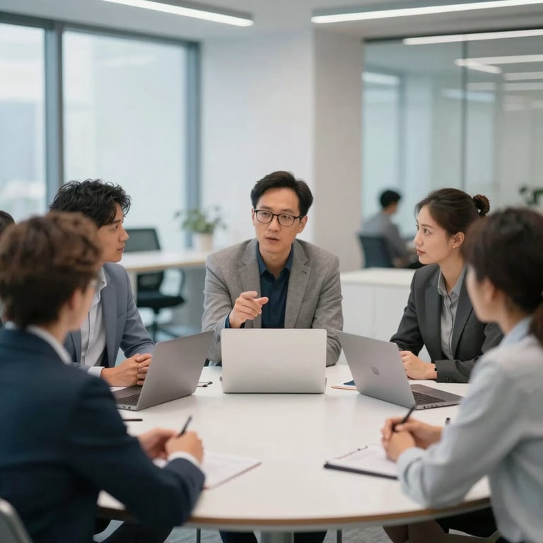 A group of diverse professionals brainstorming around a circular table in a bright, modern office with blue-grey accents.
