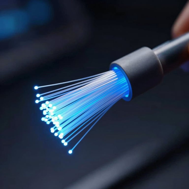 Macro shot of a high-speed fiber optic cable glowing with blue light, representing fast and reliable digital connectivity.