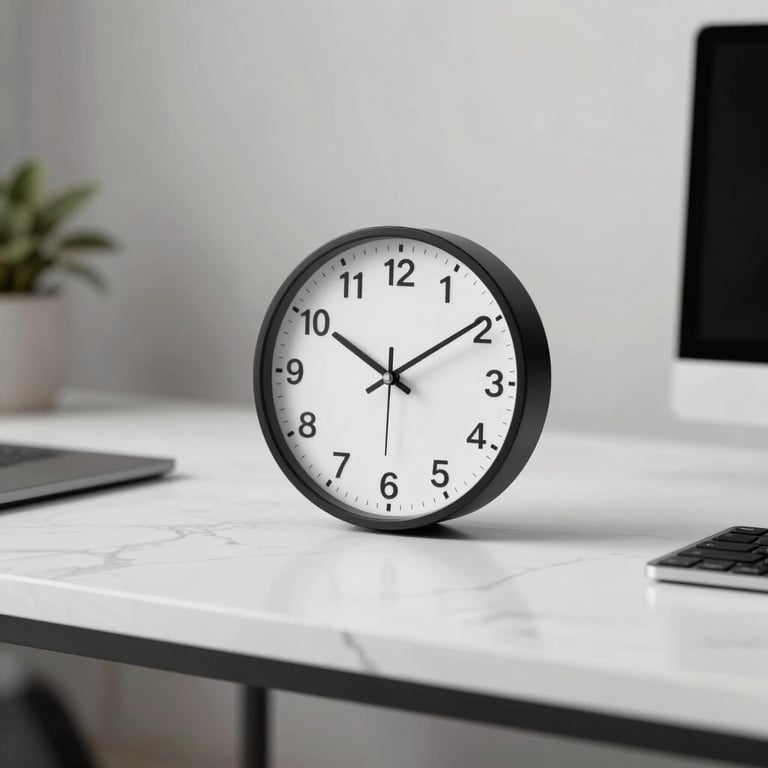 A minimalist clock and high-end accessories on a white marble desk, emphasizing efficiency and professional precision.