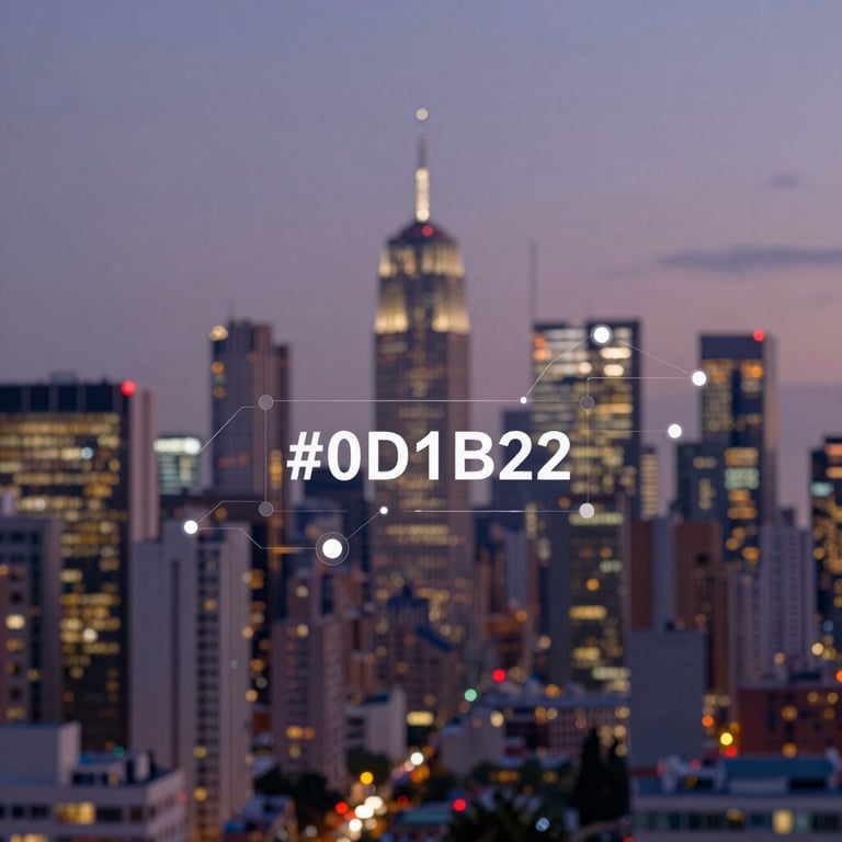 A digital interface overlay on a city skyline at dusk, showing interconnected nodes and data streams in #0D1B2A.