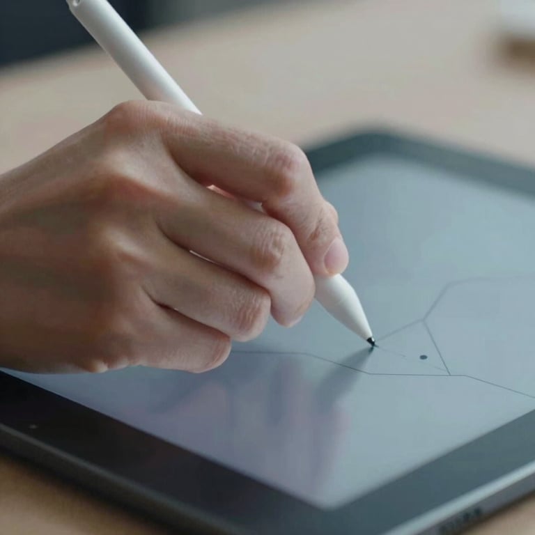 A close-up of a designer's hands using a high-tech stylus on a digital tablet, showcasing creative innovation with #6C8CA3 tones.