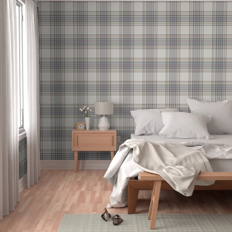 Coastal cozy plaid bedroom wallpaper in Grey, Dusty blue and earthy brown colours.
