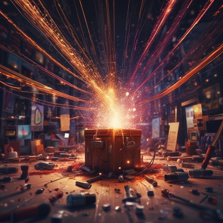 A virtual reality headset floating above a circular platform is illuminated by a spotlight. The surrounding area is dark, highlighting the sleek design of the device.