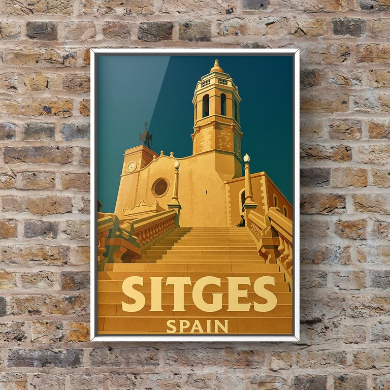 Vintage travel poster of Sitges, Spain, features Sant Bartomeu and Santa Tecla Church in minimalist 
