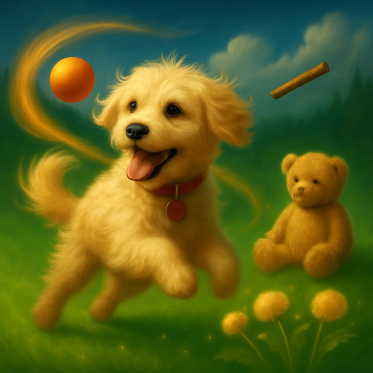 a dog is playing with a ball, stick and stuffed bear in the grass